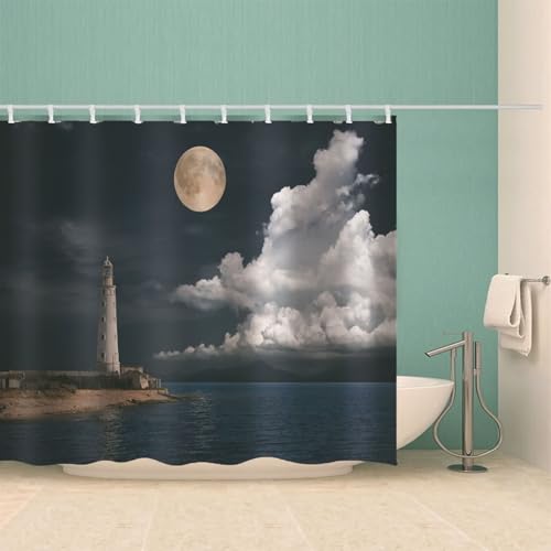 Rideau de douche textile blanc et noir motif nuage phare en polyester lavable