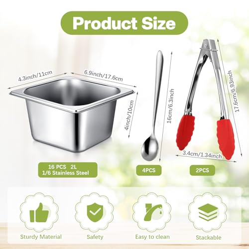 Image of 16 Set 1 /6 Stainless Steel Pans with 16 Lids, 2Tongs, 4Spoons, 4 Inch Deep