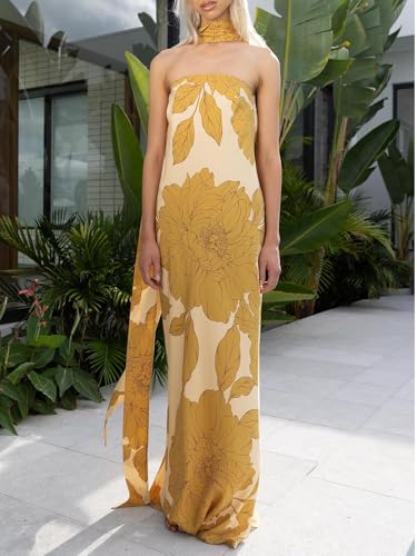 Image of Women Y2k Strapless Maxi Dress Floral Print Tube Long Dress Boho Beach Sundress Going Out Streetwear