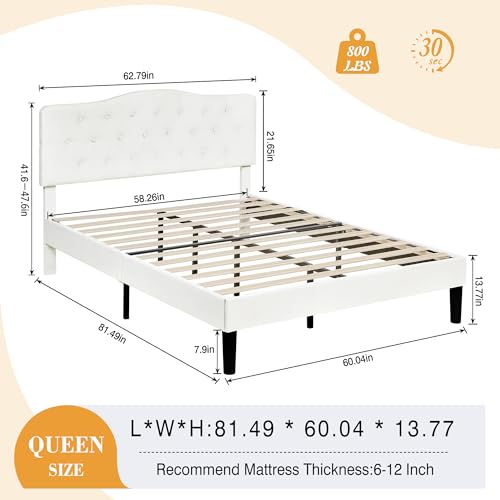 Image of VECELO Queen Size Velvet Bed Frame with Headboard, Upholstered Platform Bedframe with Strong Wooden Slats, No Box Spring Needed, Easy Assembly,Off White