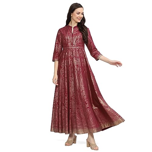 Image of BIBA Women's Fit and Flare Ankle Length Cotton Flared Printed Dress