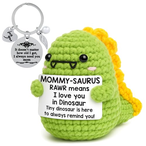 Image of Birthday Gift for Mom Dinosaur Stuffed Animal with Keychain, Handmade Positive Crochet Animals Dino, Heartwarming Emotional Support Crochet Figure, Thoughtful Mom Gifts from Daughter Son