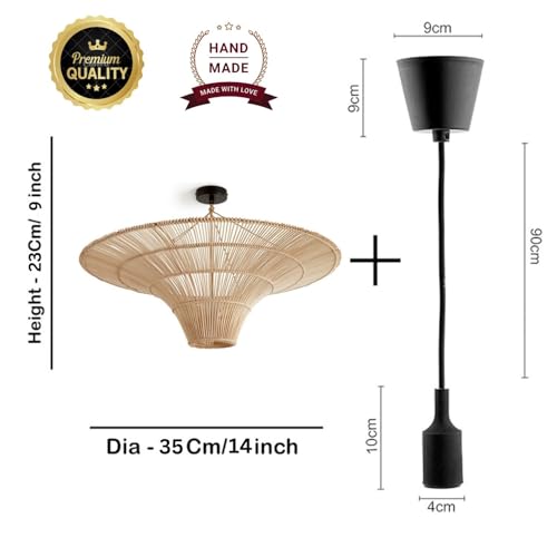 Image of Bamboo Hanging Light for Balcony | Ratten Lamp Shade for Living Room | Cane Indoor Outdoor Light | Ceiling Hanging Light for Decoration | Style Umberella` (Small Dia 14 inch)