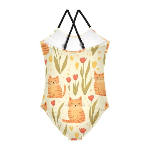 Cute Orange Cats Tulips Girls One Piece Swimsuit Beach Swimwear 208616592