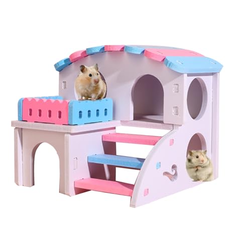 Wooden Hamster House, 2 Level Small Animal Cage with Stairs and Hideout House for Dwarf Hamsters Syrian Hamsters Mice Gerbils, Colorful Wooden Rodent House Playground(style 1, one size)