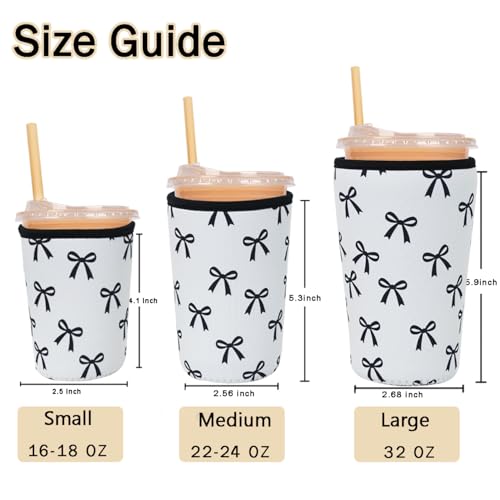 Image of Reusable Insulated Sleeve for Iced Coffee Cup, Coffee Neoprene Sleeve for Cold & Hot Drinks, Beverage Holder for Iced Coffee (Black Bow, Small: 16-18oz)