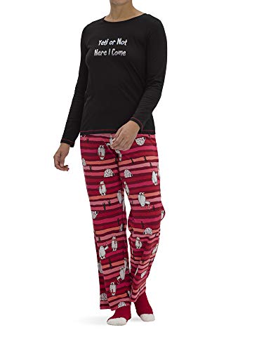 HUE Women's Printed Knit Tee and Pant 3 Piece Pajama Set, Black-Not Just Yeti, X-Large