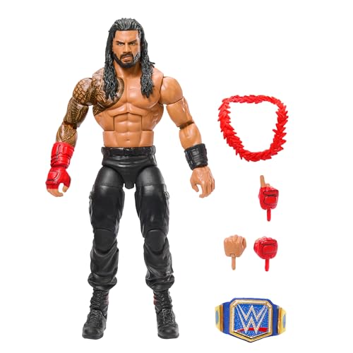 Mattel WWE Top Picks Elite Actionfigur- und Zubehörset, ca. 15 cm große Roman Reigns Sammelfigur mit austauschbaren Händen, Ringausrüstung und 25 Bewegungspunkten HWX34