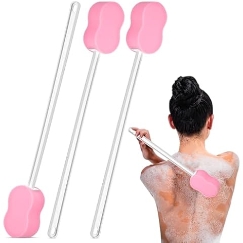 Yetene 3 Pieces Long Handle Sponge 22.4'' Back Sponge on a Stick Body Brush Handled Washer Scrubber for Foot Body Limited Motion (Pink) Cover