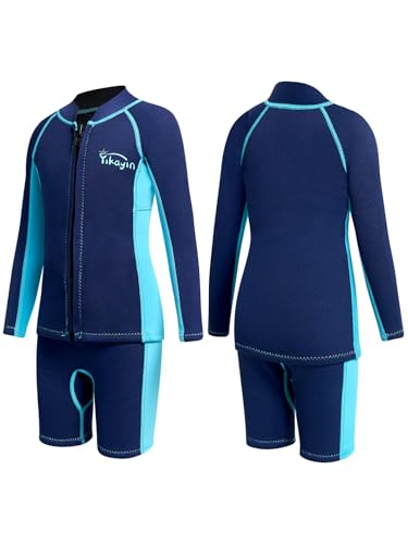 Yikayin Neoprenanzug Kinder, 2mm Zwei Stück Jungen Mädchen Neoprenanzüge Kind Neopren Thermal Langarm Top + Shorts Warm halten UV Neopren Schwimmanzug für Tauchen, Surfen, Schnorcheln, SUP