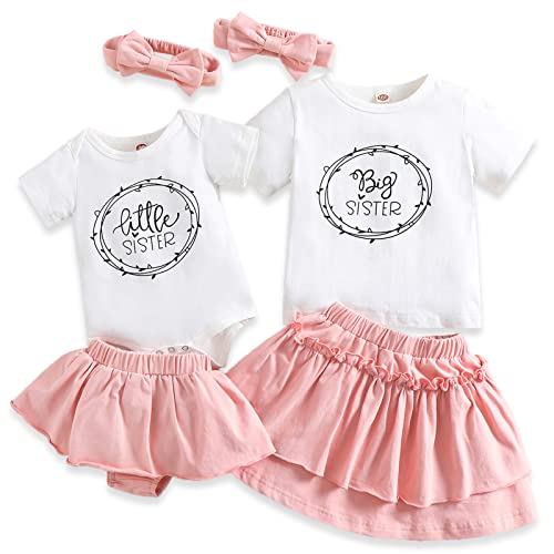 AMAWMW Big Sister Little Sister Matching Outfits Toddler Baby Girl Summer Clothes Short Sleeve Romper Ruffle Skirt 3PC Set