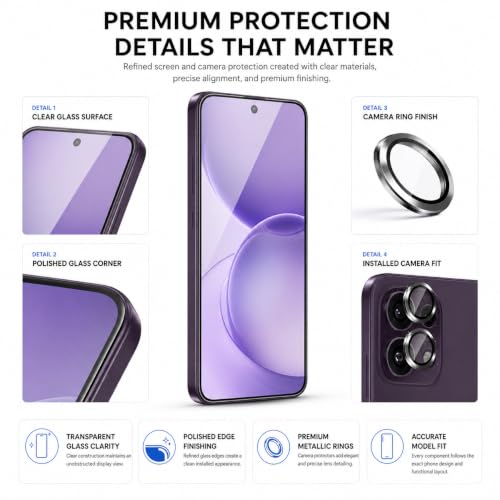 Image of ArmourPro Edge to Edge Tempered Glass for Oppo Reno 16c with Black Camera Ring Guard, 9H Screen Protector, Anti-Scratch, Anti-Fingerprint, Bubble-Free Installation Kit
