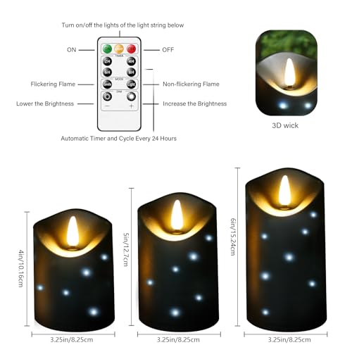 Image of kakoya Outdoor Waterproof Flickering Flameless Candles with Embedded Star String,3Pcs LED Pillar Candles Battery Operated with Remote and Timers for Courtyard,Porch,Camping,Holiday Decoration(Black)