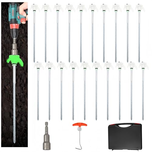 20 Pack 10' Screw in Tent Stakes Heavy Duty, Glow in The Dark Metal Stakes with Hex Head Driver, Ground Anchors for Camping, Patio, Awning, Canopy, and Windy Conditions