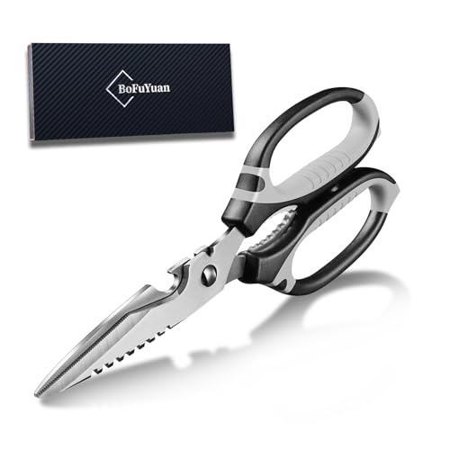 Image of BoFuYuan 9-Inch Detachable Heavy Duty Kitchen Scissors for Food, Black | Multifunctional, Sharp Serrated Blade, Dishwasher Safe, Ergonomic Non-Slip Handle, Multipurpose Cooking Food Cutting Shears