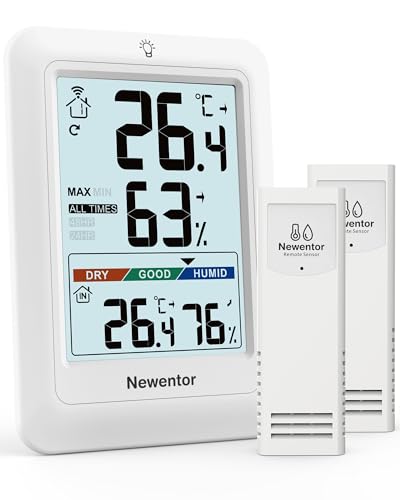 Newentor MAX MIN Thermometer innen außen 24/48 Std./alle Zeiten - Hygrometer Innen mit Luftkomfort - Wetterstation Funk mit Außensensor - Raumthermometer mit Beleuchtung Weiß 2*Außensensor