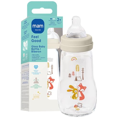 Image of MAM 9oz Premium Glass Baby Bottle Newborn, Wide Neck Medium Flow Breastfeeding Like Silicone Nipple, Easy Clean, BPA Free, 2+ Months, Easy Switch Between Breast and Bottle, 1 Pack, Unisex