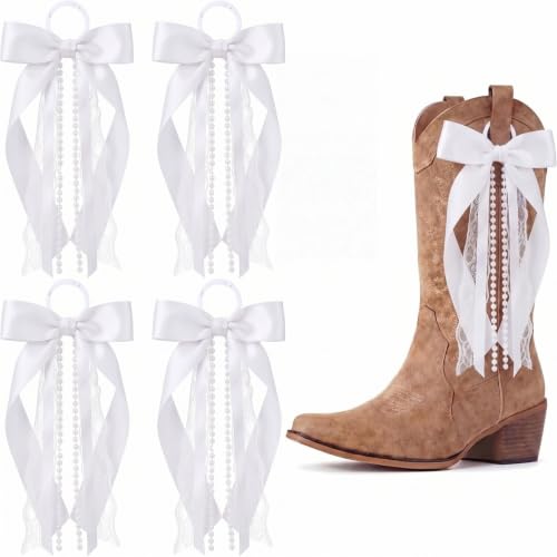FineCheer 4 Pcs White Ribbon Boot Bow for Cowgirl Boots Beaded Pearl Clip Decor Removable for Country Concert Wedding Women DIY Bridal Shower Reception Accessory Supplies Gifts