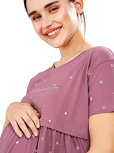 Image of Pastel Clip Women Cotton Star Printed Relaxed Maternity Night Suits for Women Feeding 7002-7003