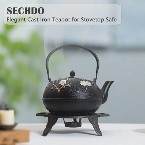 Image of Cast Iron Teapot SECHUDO Teapot for Stovetop Safe Coated with Enameled Interior,Japanese Beautiful Tea Kettle with Stainless Steel Infuser for Loose Tea (60.9oz Plum Blossoms and Bird Pattern)