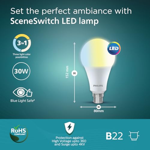 Image of Philips SceneSwitch 30W LED Bulb | 3-in-1 Light Modes CDL-NW-WW | B22 Base | Change Brightness with Wall Switch | Energy Efficient | Pack of 1