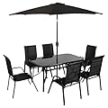 Outsunny 8 Pieces Patio Table and Chairs Set with 9 Ft Patio Umbrella, Outdoor Dining Set with 4.5 Ft Dining Table and 6 Chairs, Push Button Tilt and Crank Parasol, Tempered Glass Top, Mixed Brown