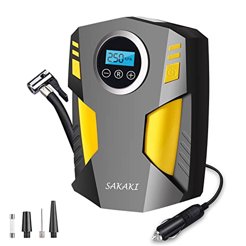 SAKAKI Tire Inflator Portable Air Compressor, Car Tire Pump with 3 Nozzle Adaptors and Digital LED Light, DC 12V Electric Car Tire Inflator Air Pump for Car Tires and Other Inflatables