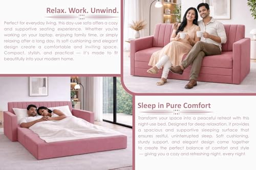 Image of Rosebell Three Seater Foldable Sofa-Cum-Bed | 3-in-1 Foldable Couch with Armrest | Modern Fabric Sofa for Living Room, Bedroom & Office-Rose Pink