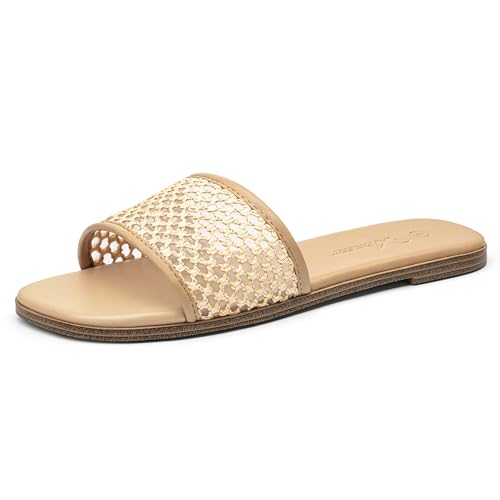 Image of Athlefit Flat Sandals Women Dressy Square Toe Raffia Summer Slide Sandals