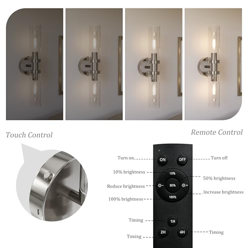 Image of Rayogale Nickel Wireless Battery Operated Wall Sconce with Remote Control | Dimmable Rechargeable Wall Lights Set of 2, Timer, No Hardwire, Touch Control, 8000mAh, 3000K, Glass, Emergency, 16.5 Inch