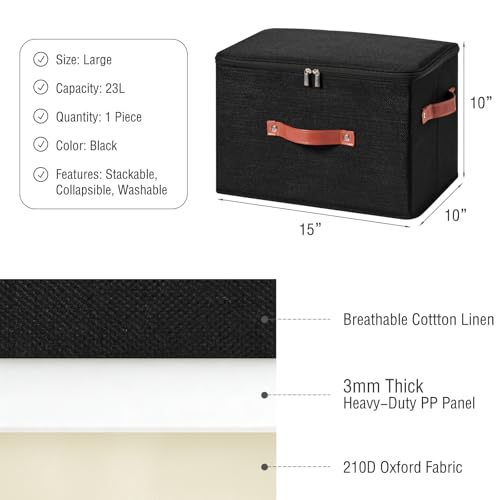 Image of Storage Bin Box with Zippered Lid Cotton Linen Fabric Decorative Basket with PU Leather Handles PP Plastic Board Foldable Lidded Clothing Shelf Closet Organizer Container (Black, Large)