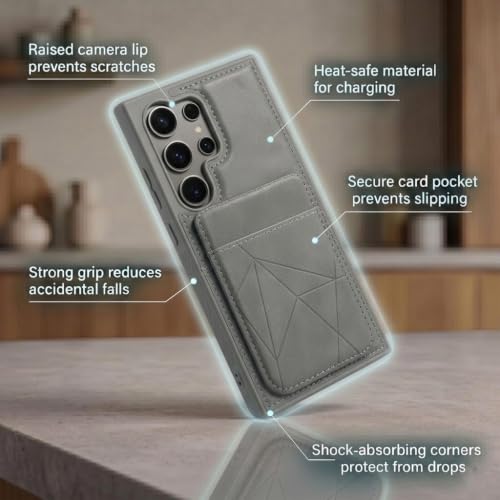 Image of amazon basics Premium Vegan Leather Back Cover with Card Holder and Integrated Mobile Stand for Samsung Galaxy S24 Ultra 5G - Slim Shockproof Wallet Case with Geometric Stitching [Gray]