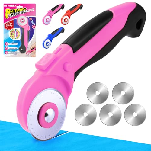 DIYSELF 45mm Rotary Cutter for Fabric Pink Fabric Cutter with 5 Extra Blades Safety Lock Ergonomic Handle Quilting and Sewing Rotary Cutter for Crafts Sewing Fabric Left & Right Hand