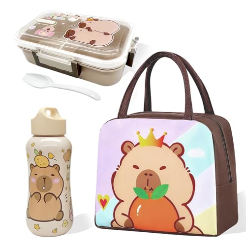 GVMJHYK Set de 3 Piezas de Capybara: Botella de Agua + Fiambrera Bento + Bolsa Térmica Aislante – Sin BPA y Antifugas – Lonchera Kawaii para Escuela, Niñas, Picnic y Regalo