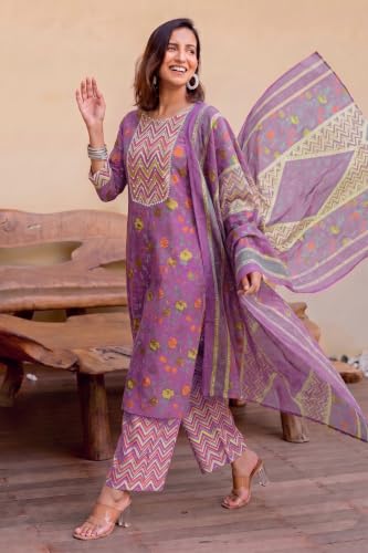 Image of MIRCHI FASHION Women's Straight Fit Pure Cotton Embellished Floral Printed Kurta Set with Dupatta and Trouser