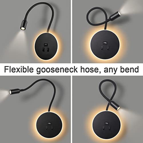 Awekliy 3W+8W LED Schwanenhals leselampe wandlampe USB-Aufladung mit schalter wandleselampe Bettlampe Nachtlicht innen Leselicht Schwenkbar Wandbeleuchtung Schlafzimmer Nachttischlampe 3000K (Schwarz)