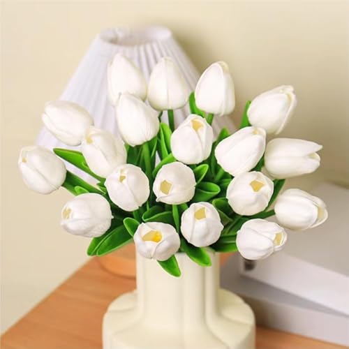 Image of Artificial Tulip Flower Stems (Pack of 5, Vase Not Included) - Realistic Faux Flowers for Home Decor, Living Room, Bedroom, Office, Wedding Decoration (White)