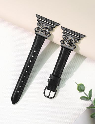 Image of Newlibery Leather Band for Women Slim Dressy Bands Compatible with Apple Watch 38mm 40mm 41mm 42mm 44mm 45mm 49mm, Designer Interlock Buckle Strap for iWatch Series 10 /9 /8 /7 /6 /5 /4 /3 /2 /1 /SE /Ultra