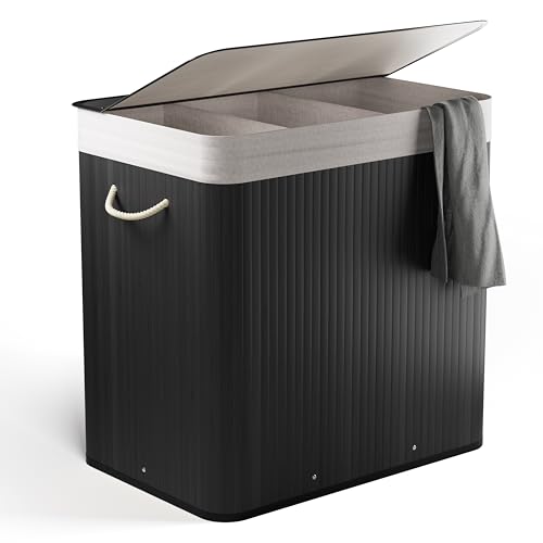 NewHabitat Bambus Wäschekorb 3 Fächer – 150L Wäschesammler mit Deckel & herausnehmbarem Sack – Wäschetrennung, Tragegriffe, stabil & dekorativ für Bad & Schlafzimmer (Schwarz)