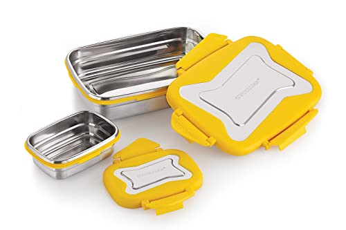 Image of STEELLOCK Smart Stainless Steel Tiffin Lunch Box 2pc Set - Airtight Leakproof Rectangle Combo - 750ml & 170ml with Steel Lids - Yellow - Ideal for Kids & Adults, School & Office