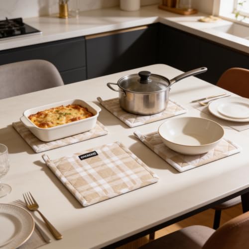Image of Encasa XO Oven Microwave Pot Holders Trivets 21 cm (4 pc) for Kitchen Cooking & Baking - Heat Resistant, Thick & Safe, Protection of Hands from Hot Utensils, Grill, BBQ - Beige Combo