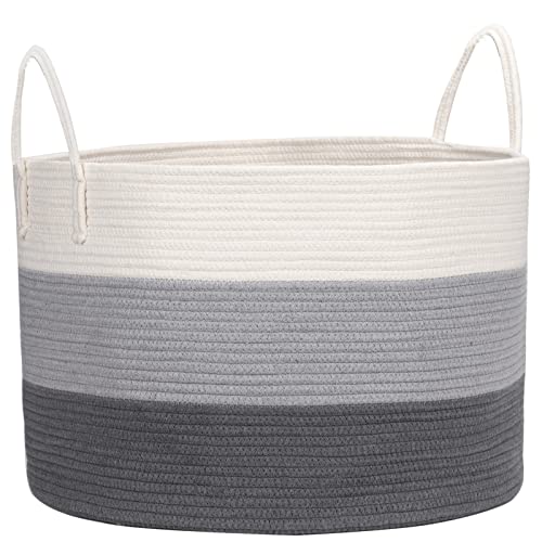 Image of COSYLAND Extra Large 22.1“x22.1“x14.2“ Storage Laundry Basket Woven Cotton Rope Organizer for Blanket Toys Towels Baby Nursery Hamper Bin with Handle