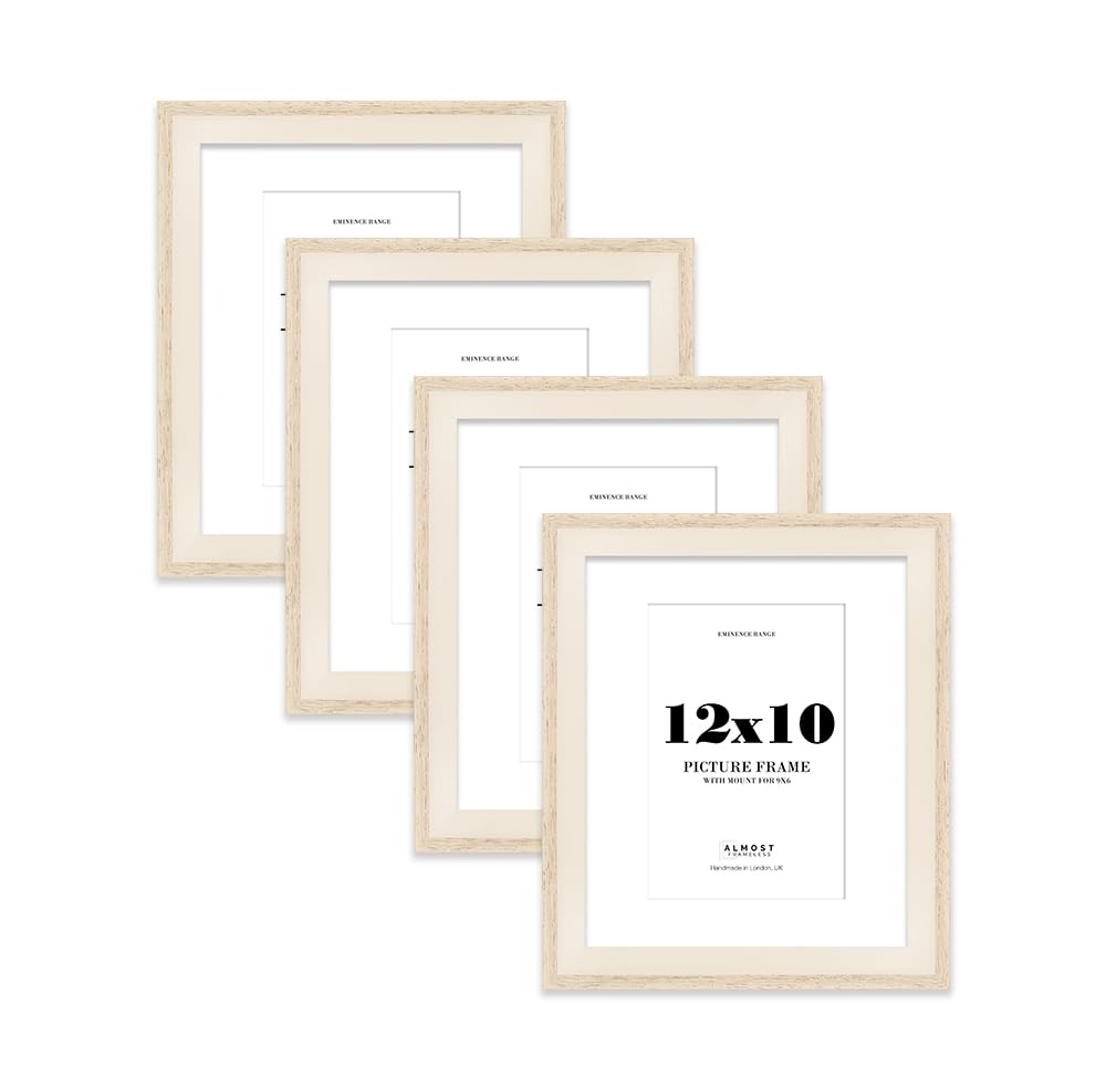 12x10" Oak Picture Frame with 9x6" Mount - Shabby Chic Photo Frame with Distressed Finish, Wall Hooks and Kickstand, 32mm Edge - 4 Pack