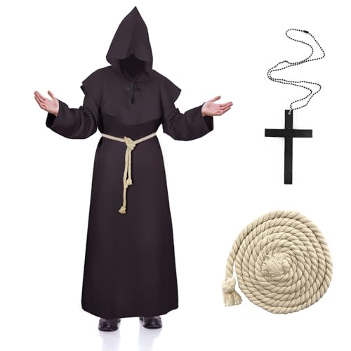 Joyue Halloween Disfraz De Monje Medieval Túnica De Monje Hombre Túnica Sacerdote, Túnica Fraile Adulto Traje Renacimiento Marrón Con Cruz, Disfraces De Sacerdote Para Carnaval Cosplay Party Xl