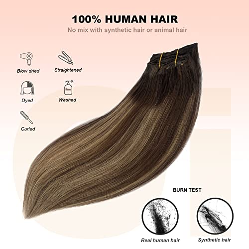 Clip In Hair Extensions, Oimigo Human Hair Extension Balayage Medium Brown Mix Blonde Invisible Clips 15 Inch 70G Straight Blonde Highlighted Remy Human Hair Clip On Extensions 7 Pcs #TOP1