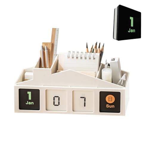 Image of Pen Holder for Desk Aesthetic - 4 Compartments Marker Holder,With 365-Day Recurring Calendar Replacementsuitable for Home And Office Decorating, Teacher Organization for Classroom(white)