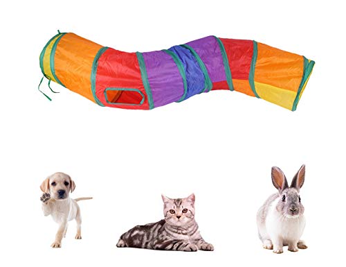 Image of iCAGY Cat Tunnel for Indoor Cats Interactive, Rabbit Tunnel Toys, Pet Toys Play Tunnels for Cats Kittens Rabbits Puppies Crinkle Pop Up Rainbow 47 inch Shape S