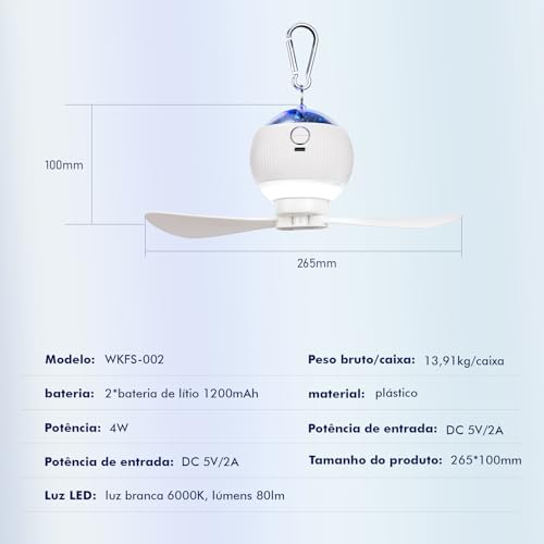 Portátil e Leve Ventilador de Teto com Controle Remoto, Ventilador de Teto com Lâmpada de Iluminação