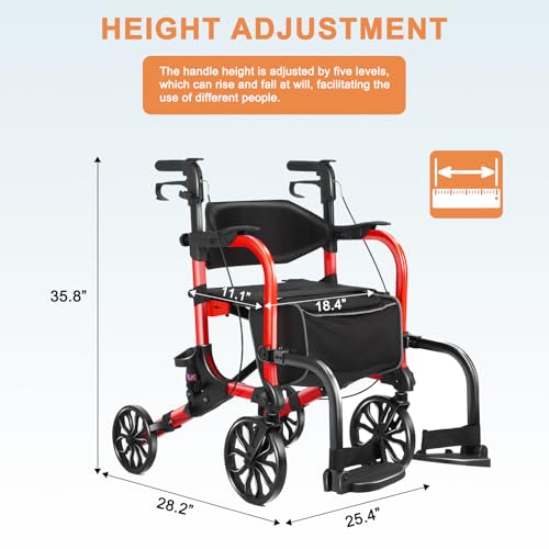 Image of Foldable Rollator Walker with Seat for Seniors & Adults Lightweight 2-in-1 Walker and Wheelchair Combo Adjustable Handle Height Transport Chair with Brakes 300 lbs Weight Capacity