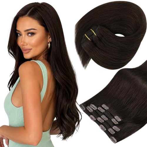 Image of Sunny Hair Clip in Hair Extensions Real Human Hair for Women Dark Brown | Real Hair Clip in Extensions Short Straight, 12inch 85g, Natural Blend, Easy to Apply, Comfortable Wear for Daily Style